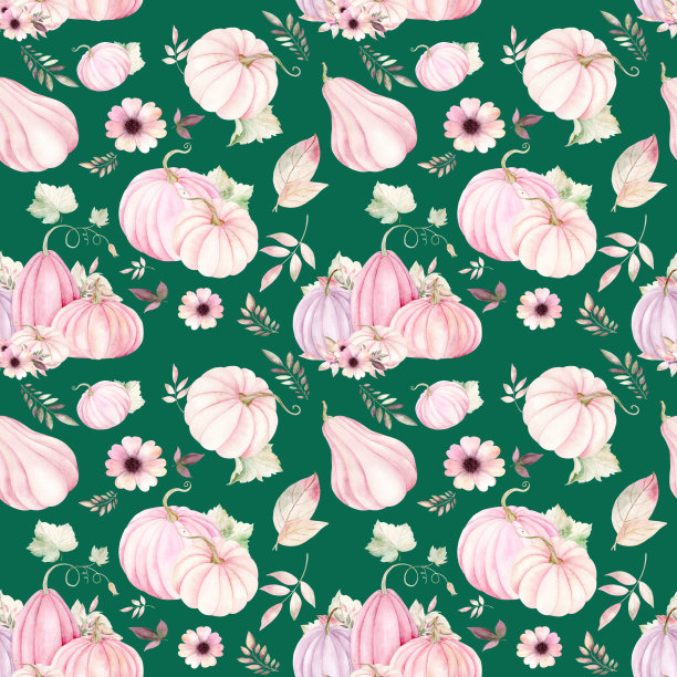 南瓜、落叶和羽毛色的花朵。万圣节插图。祖母绿背景上的无缝图案。适用于纺织品，剪贴簿，包装纸，卡片和邀请函，节日和节日装饰。图片下载