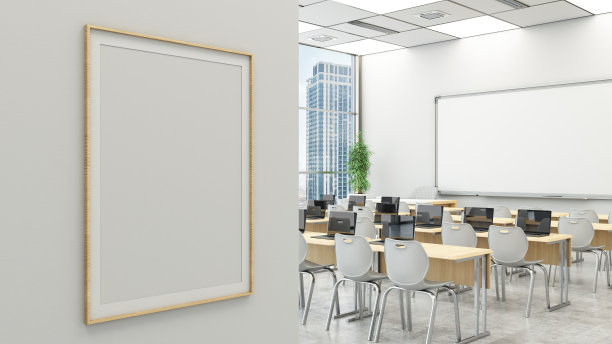 现代教室墙上的空模型相框图片下载