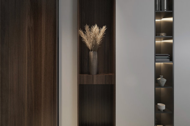 白色和木制的引人注目的墙壁单元艺术品，独特的花瓶，书籍，智能客厅图片下载