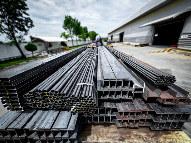 钢铁仓储在仓储重工业。工业用钢管组材料、工程建设用产品、工厂设备用铁管。运输上的建筑产品。图片下载