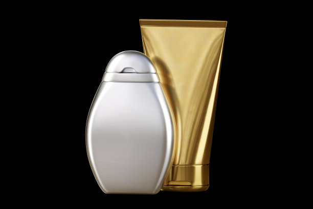 头发和皮肤化妆品的图标。没有烙印的空银瓶和金管孤立在黑色背景。前视图。面部和身体护理的概念。广告设计元素的美感。图片下载