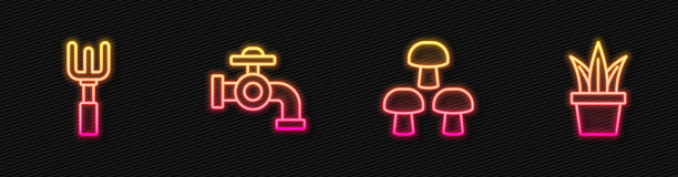 设置线蘑菇，花园耙，水龙头和植物在锅。发光的霓虹灯图标。向量图片下载