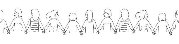 在女孩力量概念中，女孩手牵着手微笑的线条漫画。图片下载