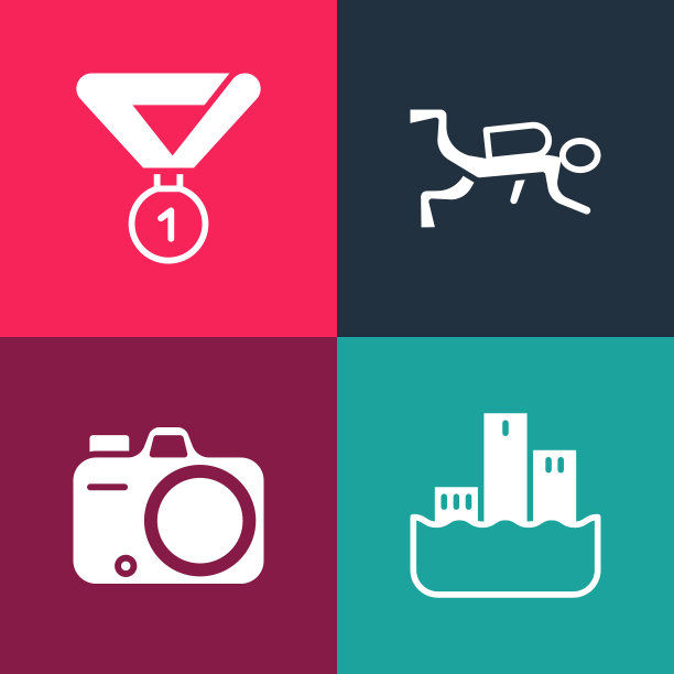设置流行艺术赢家领奖台，照片相机，潜水员和奖牌图标。向量图片下载