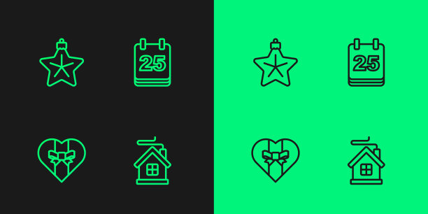 设置线圣诞快乐的房子，礼盒，星星和日日历图标。向量图片下载