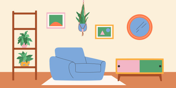 舒适的室内，有扶手椅和植物。矢量插图。图片下载