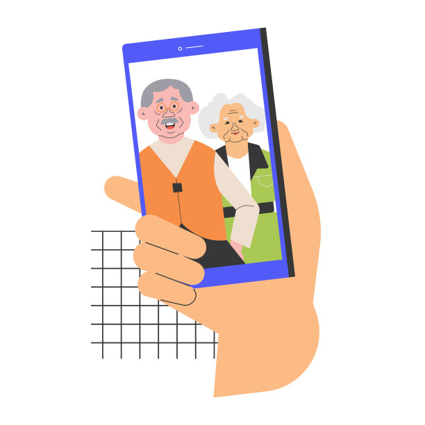 一个人拿着智能手机，屏幕上有一对老夫妇的照片。图片下载