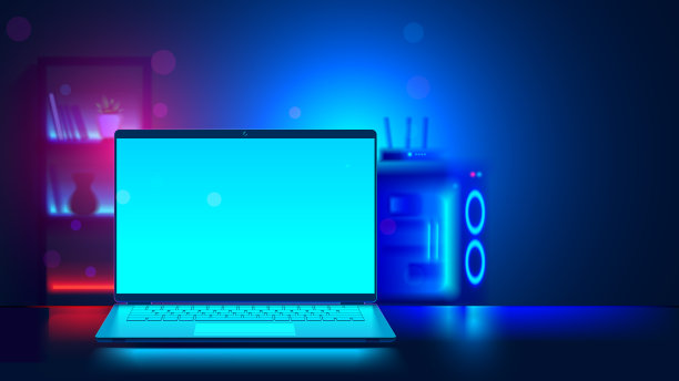 游戏笔记本电脑模型与空白屏幕在黑暗的房间。矢量打开笔记本电脑前视图。桌上的游戏笔记本电脑。电脑笔记本游戏工作场所桌上游戏笔记本反射蓝光屏。图片下载