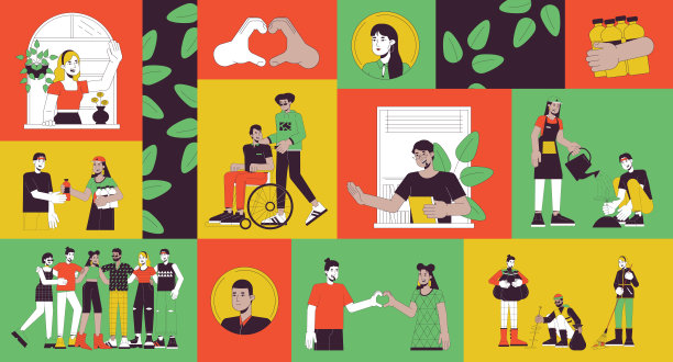 志愿者社区多样化便当网格插画集图片下载