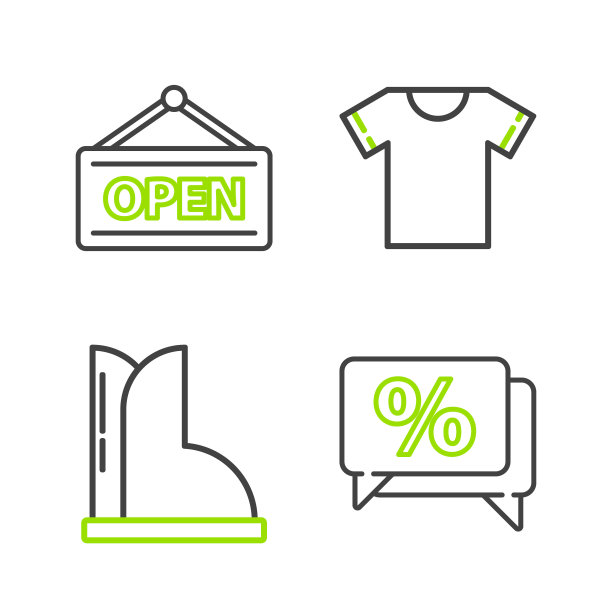 设置线折扣百分之九标签，防水橡胶靴，t恤和悬挂标志与打开图标。向量图片下载
