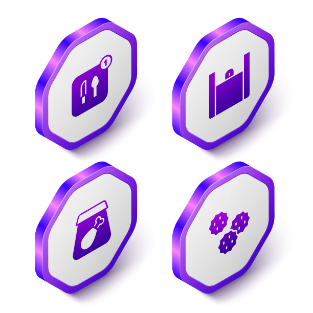 设置等距食品订购，在线食品，餐点和饼干饼干图标。紫色六边形按钮。向量图片下载