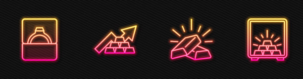 套线金条，钻石订婚戒指在盒子里，成长箭头与黄金和安全。发光的霓虹灯图标。向量图片下载