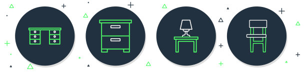 集线家具床头柜，桌子上的台灯，办公桌和椅子图标。向量图片下载