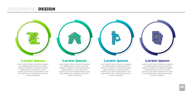 集古代魔法书，马戏团帐篷，瓶子与爱情药水和三张塔罗牌。业务信息图表模板。向量图片下载