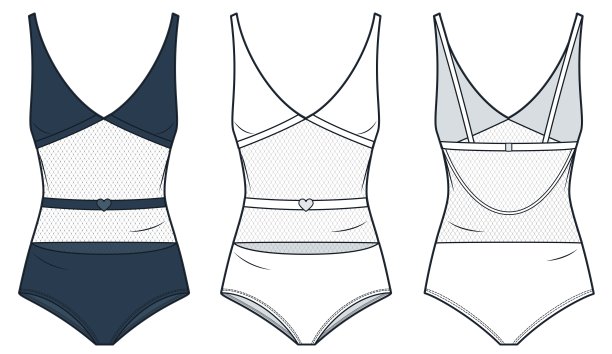 泳装技术时尚插画。紧身衣时尚平面技术图纸模板，v领，网眼，修身，前后视图，白色，蓝色，女性内衣CAD模型集。图片下载