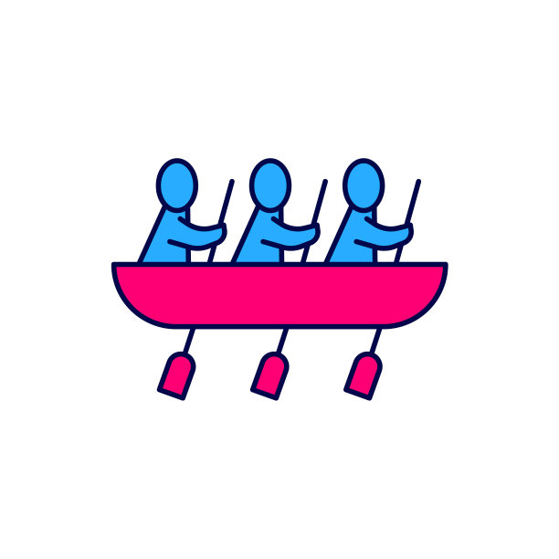 填充轮廓独木舟赛艇队运动图标孤立的白色背景。三个运动员划着桨在船上划船。团队合作的概念。向量图片下载