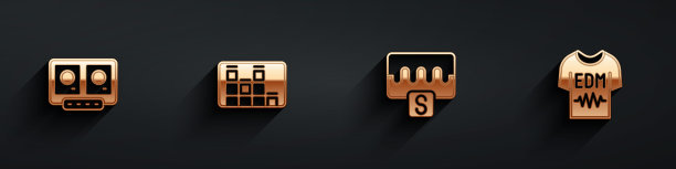 设置DJ远程和混合音乐，音乐均衡器，波和t恤图标长阴影。向量图片下载