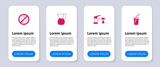 玻璃杯与水、水龙头、水壶和玻璃杯一起放置，禁止掉落。业务信息图表模板。向量图片下载