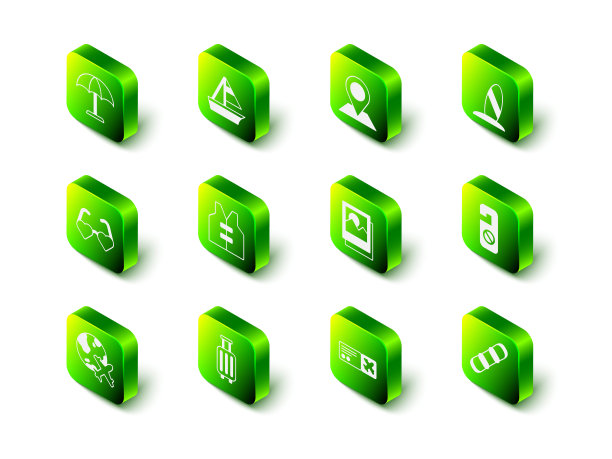 设置游艇帆船，位置，冲浪板，请勿打扰，滑雪板，照片，机票和行李箱图标。向量图片下载