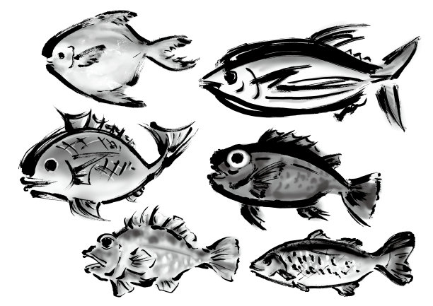 手绘日式鱼类笔触素材合集图片下载