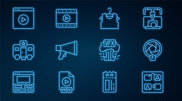 设置线故事板，相机快门，无袖t恤，扩音器，演员预告片，在线播放视频，视觉特效和播放视频图标。向量图片下载