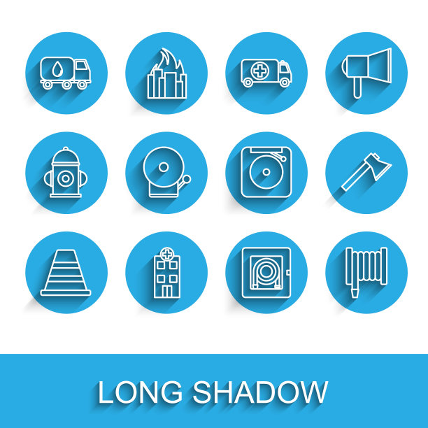 集线交通锥，医疗医院大楼，送水车，消防软管柜，卷轴，响警铃，消防员斧头和图标。向量图片下载