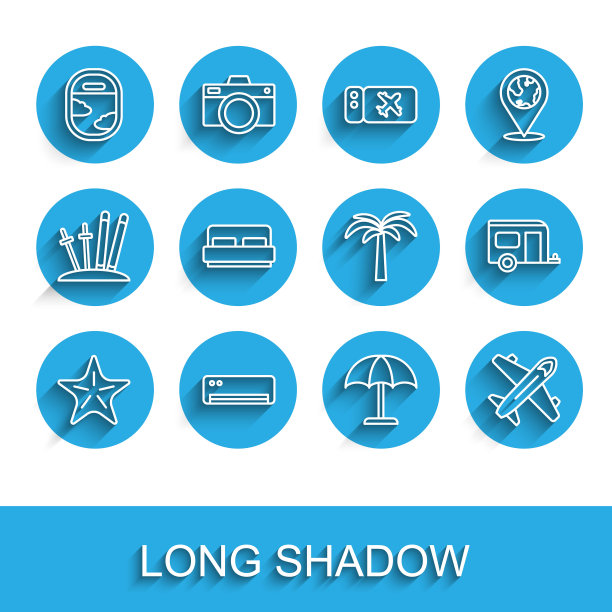 集海星，空调，飞机窗户，遮阳伞，飞机，酒店房间床，房车露营拖车和热带棕榈树图标。向量图片下载