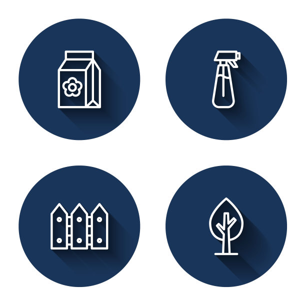 设置线包充满种子，花园喷雾器的水，栅栏木和树与长阴影。蓝色圆圈按钮。向量图片下载