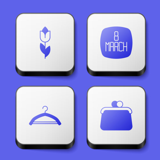 集花郁金香，3月8日，衣架衣柜和手袋图标。白色方形按钮。向量图片下载