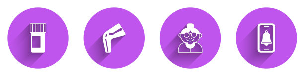 设置药瓶和药丸，骨痛，祖母和紧急电话图标长阴影。向量图片下载