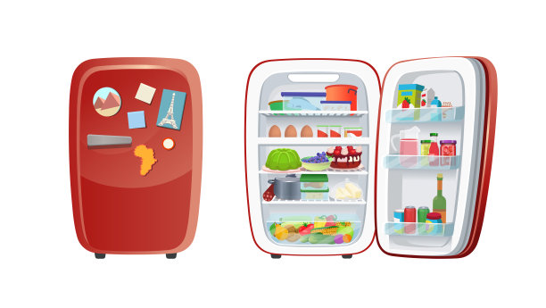 冰箱。冰箱以食品为动画，有封闭式和开放式冰箱。卡通。图片下载