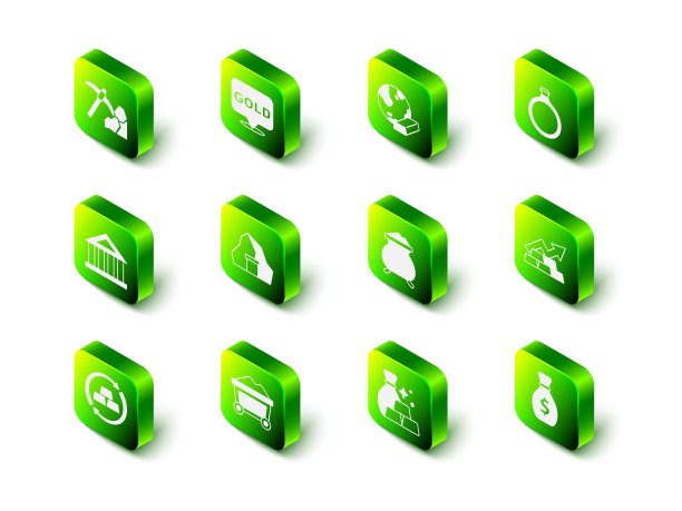 设置金条，戒指，成长箭与黄金，旧钱袋，熔化被倾倒，袋和矿车图标。向量图片下载