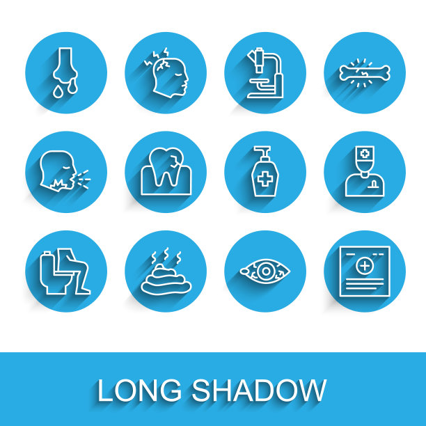 便秘，拉屎，流鼻涕，眼睛发红，临床记录，龋齿，男医生和液体抗菌肥皂图标。向量图片下载