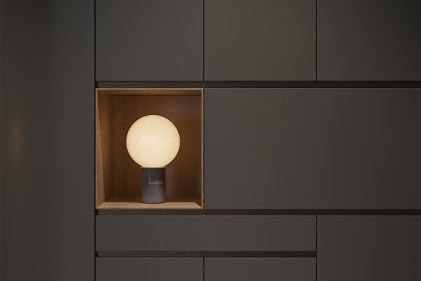 LED圆灯布置成黑壁柜，室内设计，3D渲染图片下载