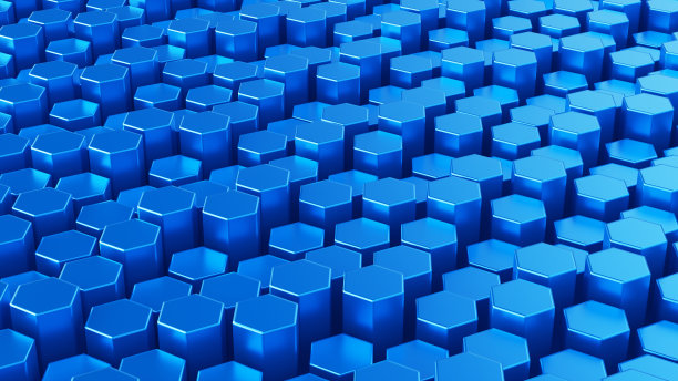 三维渲染抽象的未来表面六边形图案的蓝色。蓝色几何六边形抽象背景图片下载