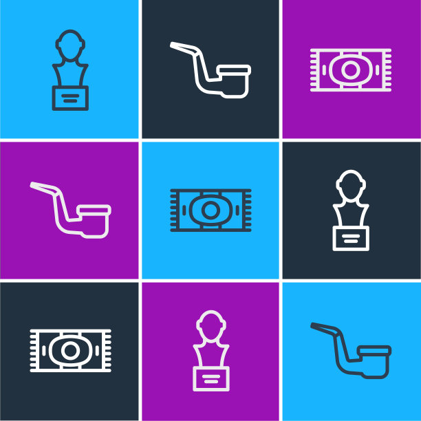 设线石膏头雕塑胸围，经典地毯和吸烟管图标。向量图片下载