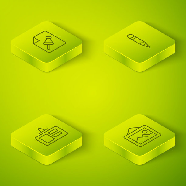 设置等距线铅笔，识别徽章，图片景观和笔记纸按按钮图标。向量图片下载