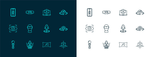 集线360度视图，增强现实AR, 3d建模，广角图片，虚拟眼镜，和图标。向量图片下载