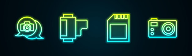 集线相机，相机胶卷，SD卡和。发光的霓虹灯图标。向量图片下载