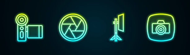 集线电影相机，相机快门，工作室灯泡软箱和照片。发光的霓虹灯图标。向量图片下载