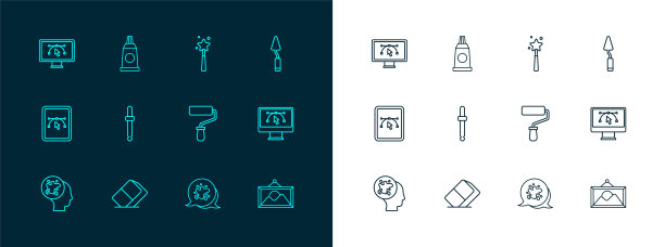 设置线调色板刀，橡皮擦或橡胶，油漆辊刷，喷雾，滴管颜色选择调色板，魔术棒，计算机设计程序和管油漆图标。向量图片下载