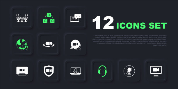 设置静音麦克风，视频聊天会议，360度视图，耳机，会议和图标。向量图片下载