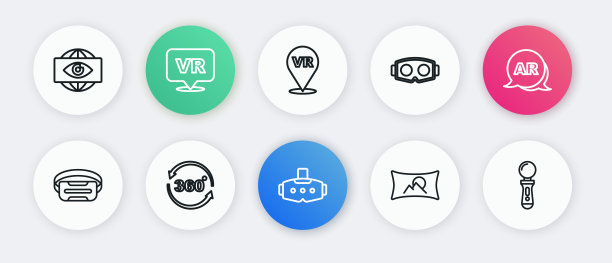 虚拟现实眼镜，增强现实，广角图片，VR控制器游戏和360度视图图标。向量图片下载