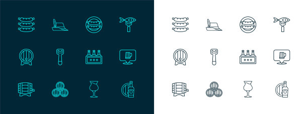 集线干鱼，木桶，包装啤酒瓶，玻璃，开瓶器，香肠，和啤酒节帽子图标。向量图片下载