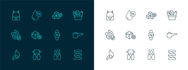设置线购物袋和食物，女性腰部，智能手表与心脏，新陈代谢，无糖，肥胖和水平衡图标。向量图片下载