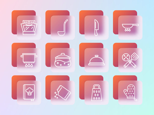 设置线煎锅在火上，辣椒包，覆盖托盘食品，磨碎器，烹饪锅，刀，烤箱和厨房勺子图标。向量图片下载