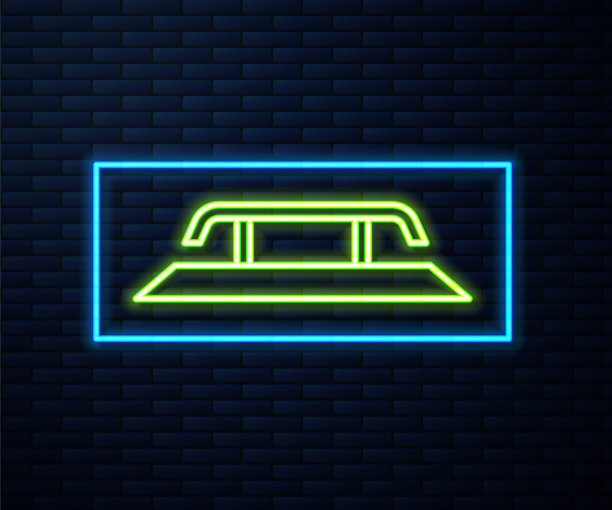 发光的霓虹灯线滑板楼梯与轨道图标隔离在砖墙背景。向量图片下载