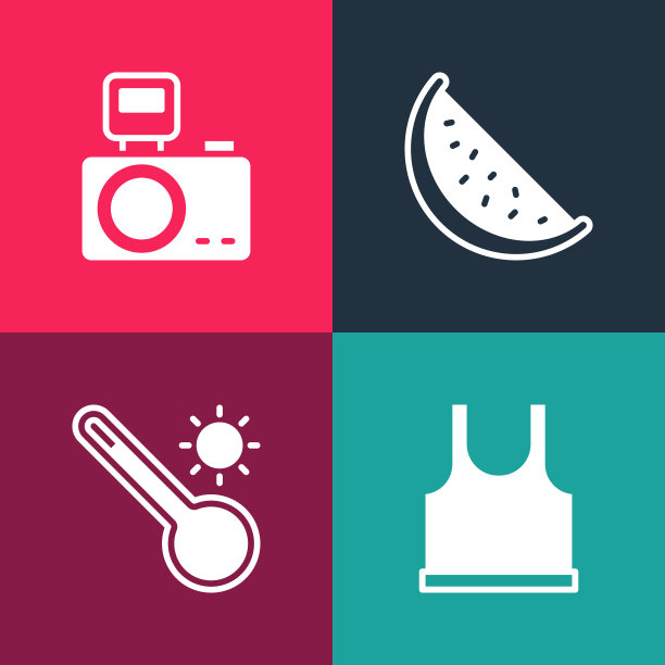 集流行艺术无袖t恤，气象温度计，西瓜和照相机闪光灯图标。向量图片下载