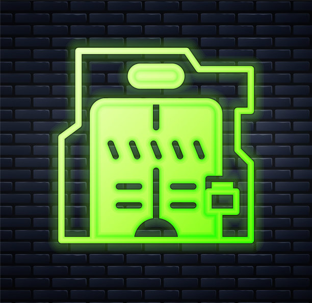 发光的霓虹灯未来主义滑动门图标孤立的砖墙背景。向量图片下载