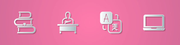 集剪纸书，小学生坐在书桌，翻译和笔记本电脑的图标。纸艺风格。向量图片下载